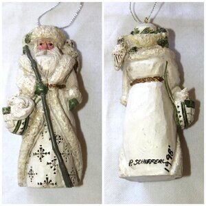 Vintage PAM SCHIFFERL 1998 White Christmas Santa Ornament Holidays Handmade